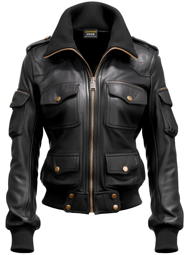 Women Black Biker Bomber Leather Jacket