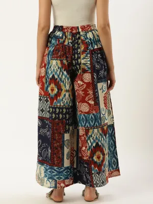 Women Multi Abstract Printed Cotton Flared Palazzo