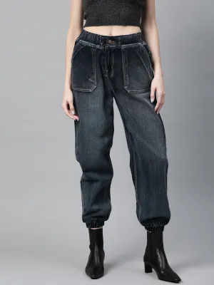 Women Navy Washed Utility Denim Jogger Jeans