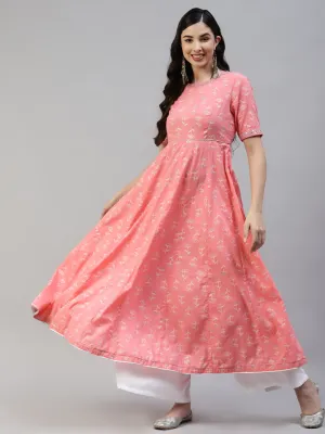 Women Pink Cotton Silver Printed Embroidery Anarkali Kurta