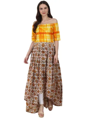 Women Yellow Printed Drape Shoulder Sleeve Cotton Low High Flared Dress